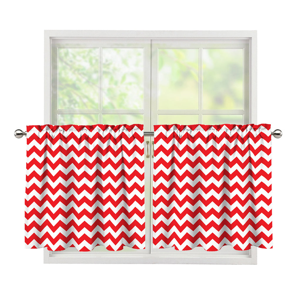 Red And White Chevron Pattern Print Tier Curtains