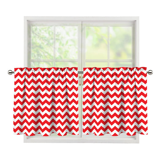 Red And White Chevron Pattern Print Tier Curtains