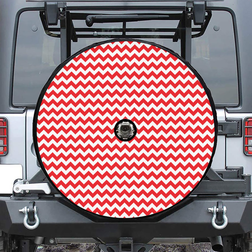 Red And White Chevron Pattern Print Tire Cover With Camera Hole
