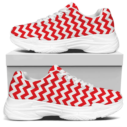 Red And White Chevron Pattern Print White Chunky Shoes