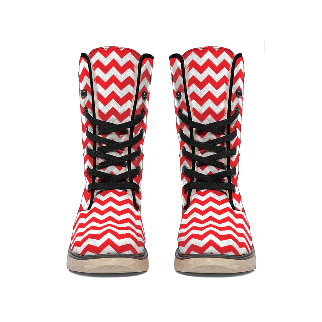 Red And White Chevron Pattern Print Winter Boots