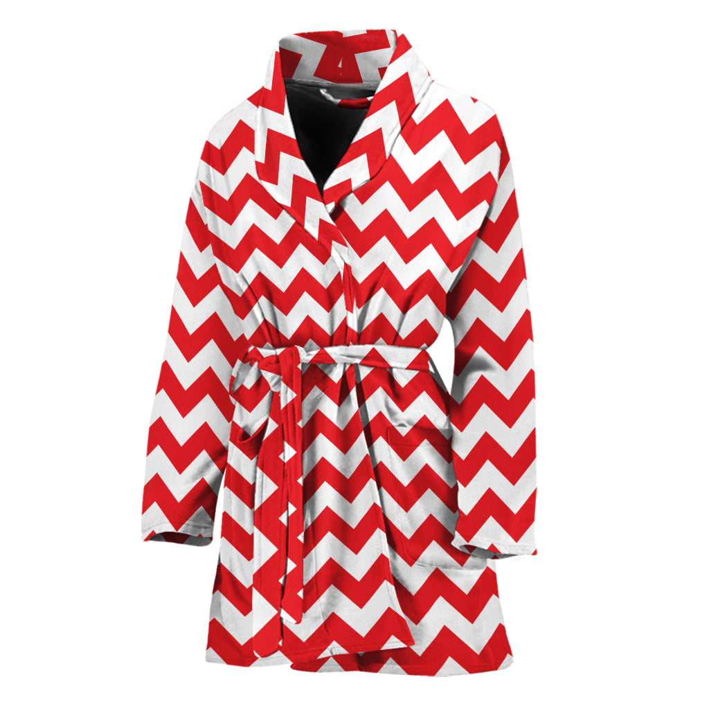 Red And White Chevron Pattern Print Women's Bathrobe
