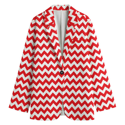 Red And White Chevron Pattern Print Women's Cotton Blazer