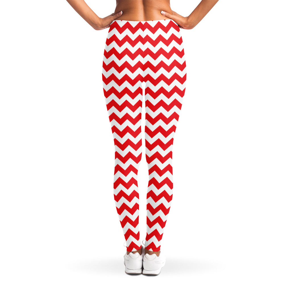 Red And White Chevron Pattern Print Women's Leggings