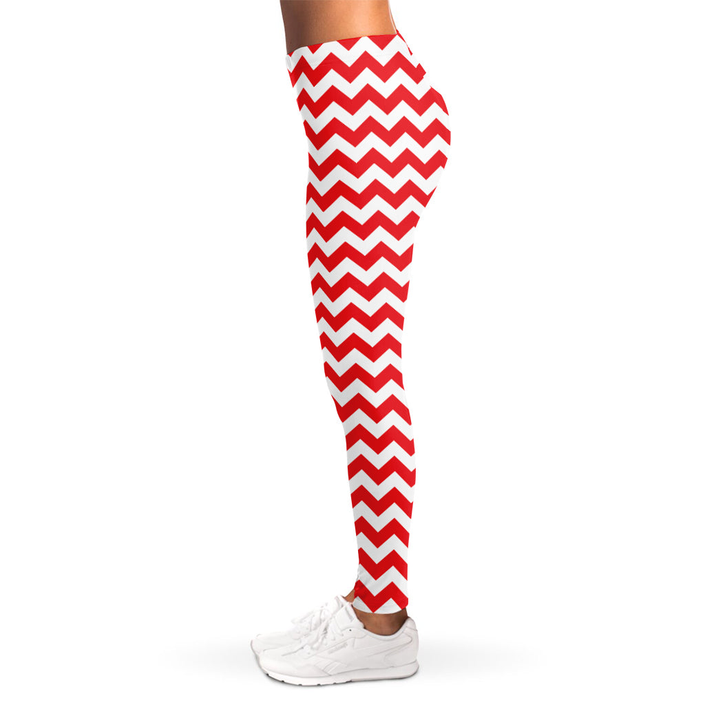 Red And White Chevron Pattern Print Women's Leggings
