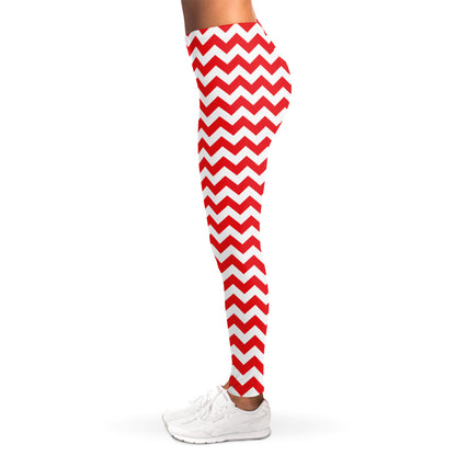Red And White Chevron Pattern Print Women's Leggings