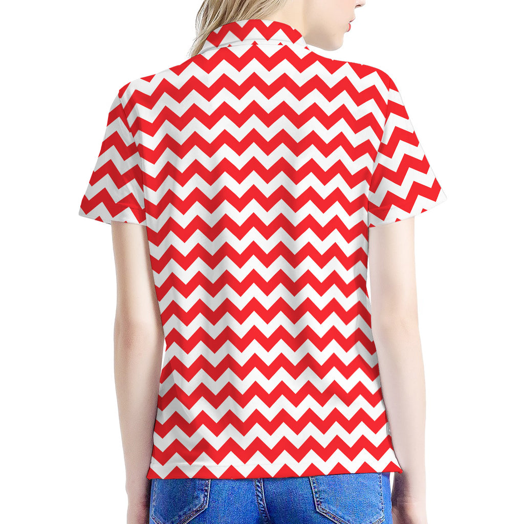Red And White Chevron Pattern Print Women's Polo Shirt