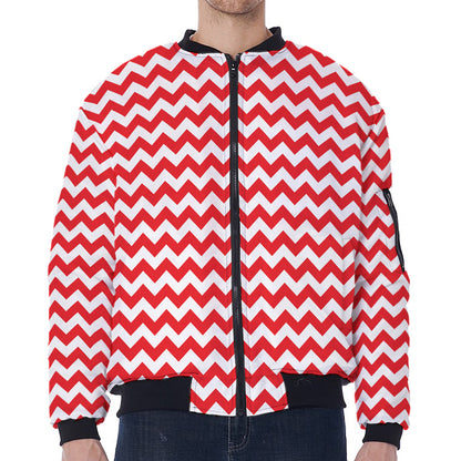 Red And White Chevron Pattern Print Zip Sleeve Bomber Jacket