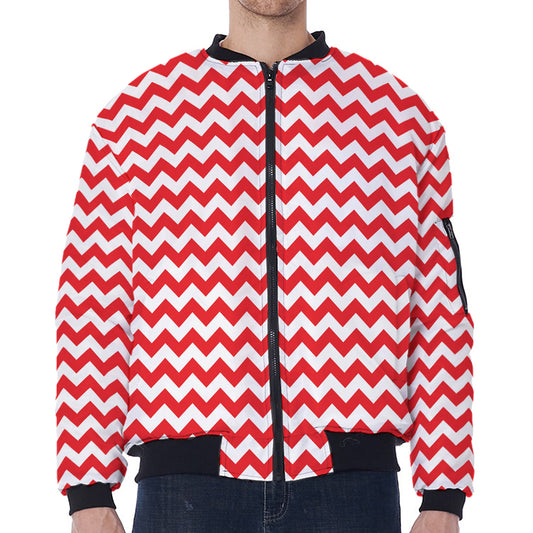 Red And White Chevron Pattern Print Zip Sleeve Bomber Jacket