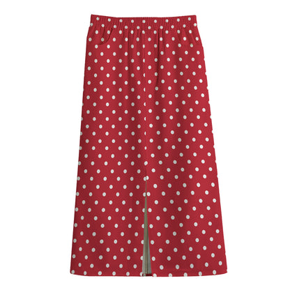 Red And White Christmas Dots Print Cotton Front Slit Maxi Skirt