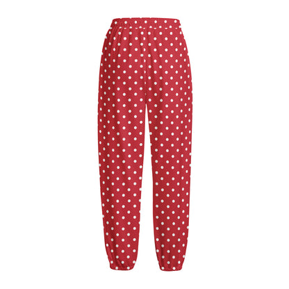 Red And White Christmas Dots Print Fleece Lined Knit Pants