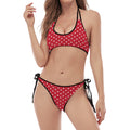 Red And White Christmas Dots Print Halter Scoop Tie Side Bikini