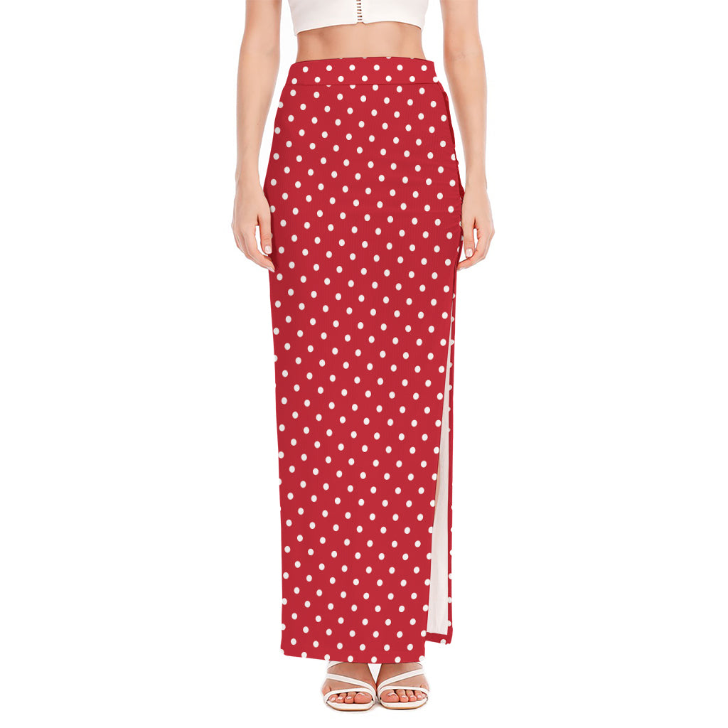Red And White Christmas Dots Print High Slit Maxi Skirt