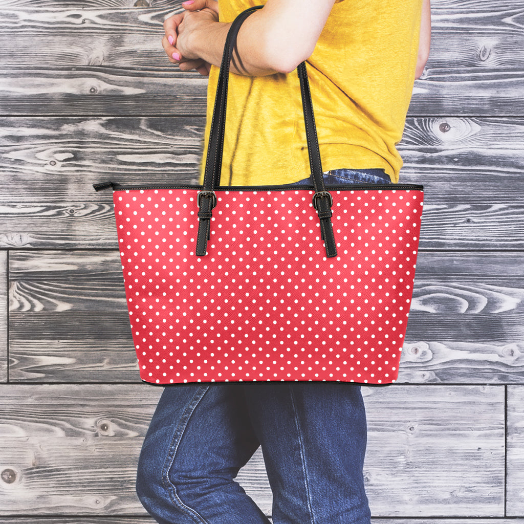 Red And White Christmas Dots Print Leather Tote Bag