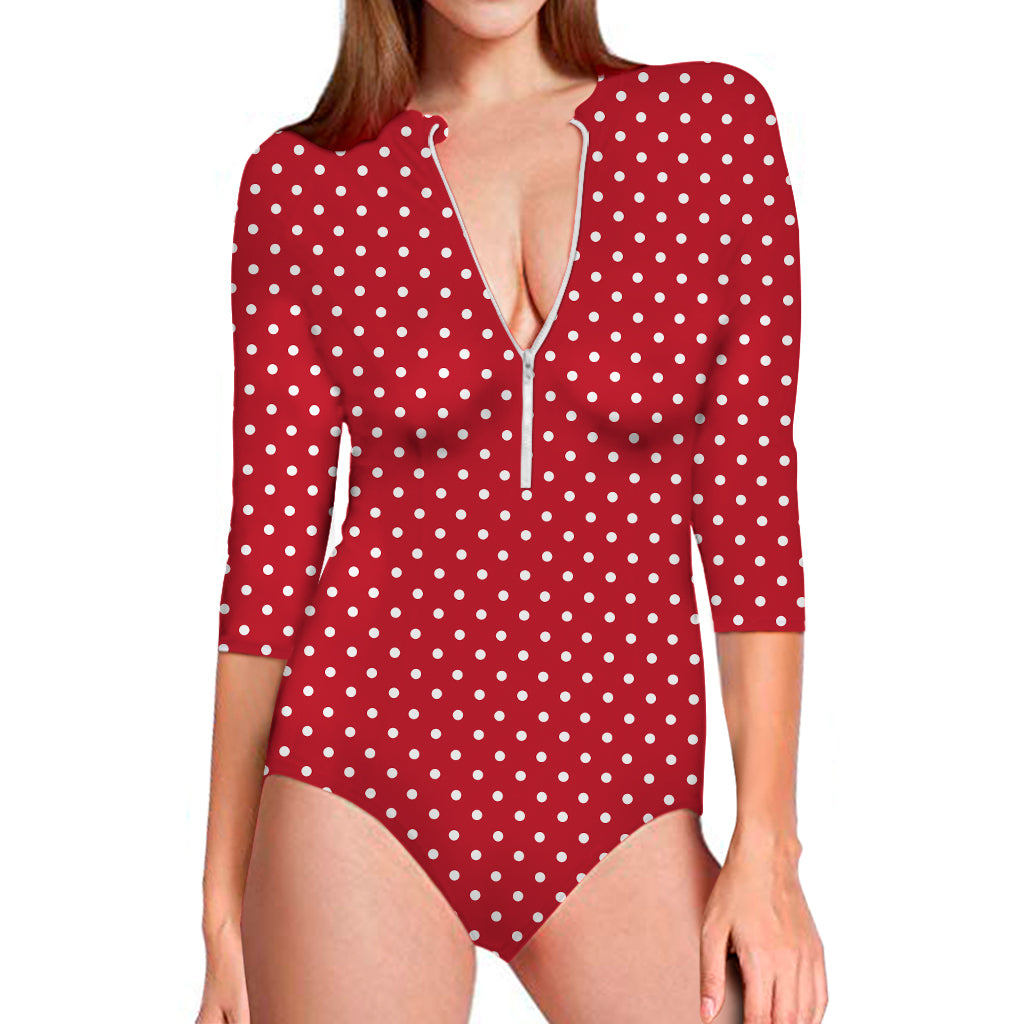 Red And White Christmas Dots Print Long Sleeve Swimsuit