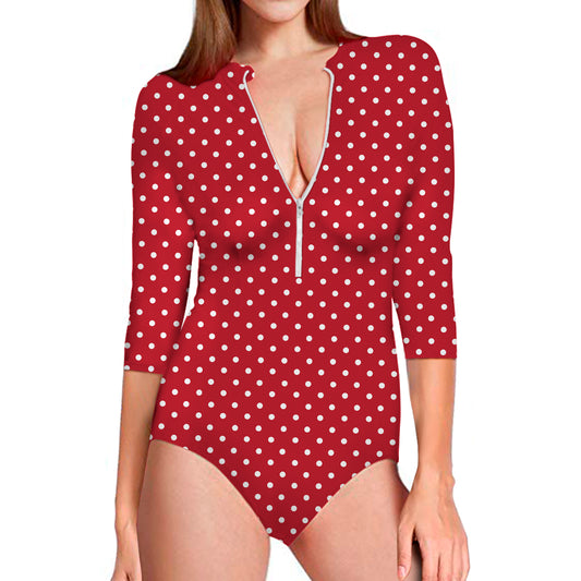 Red And White Christmas Dots Print Long Sleeve Swimsuit