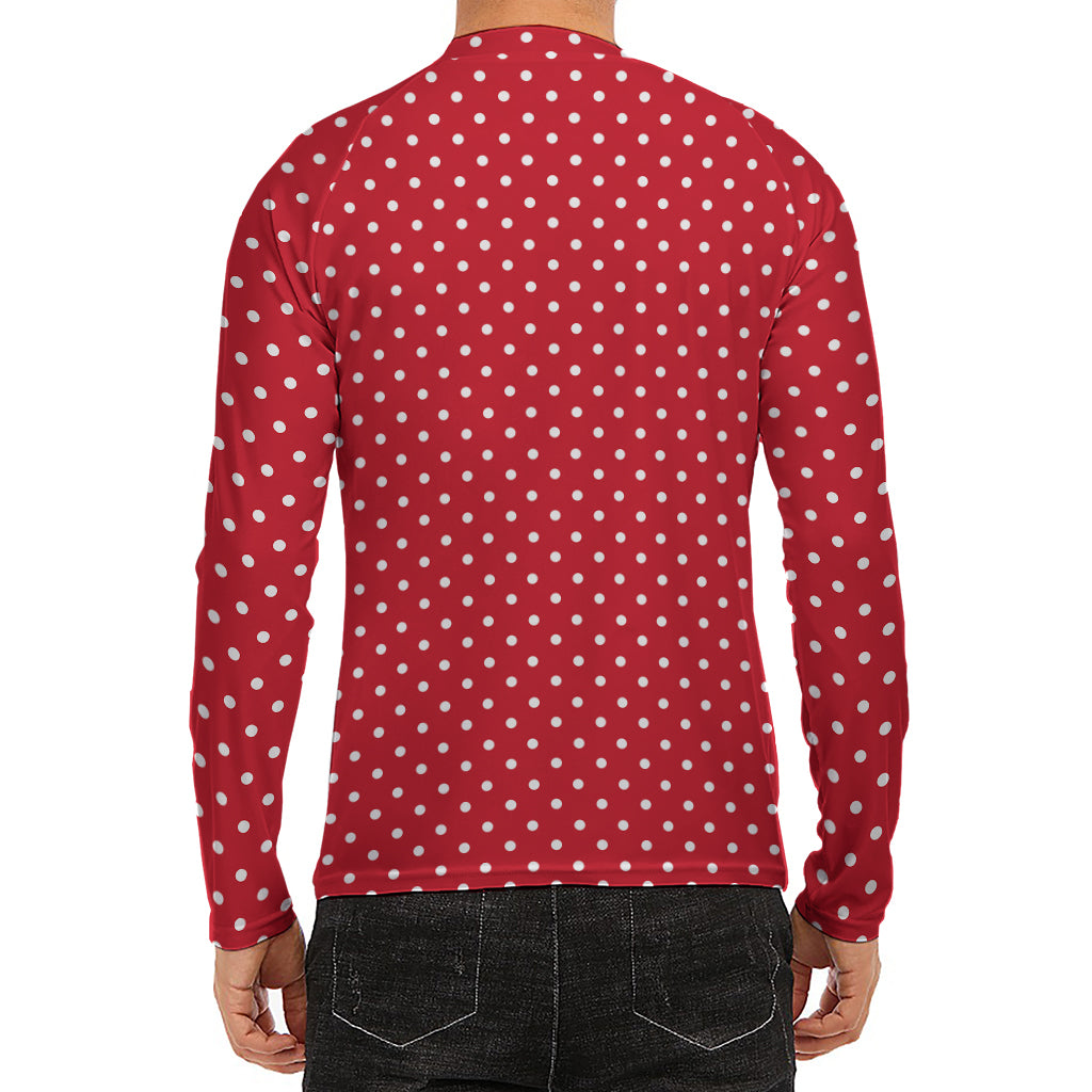 Red And White Christmas Dots Print Men's Long Sleeve Rash Guard