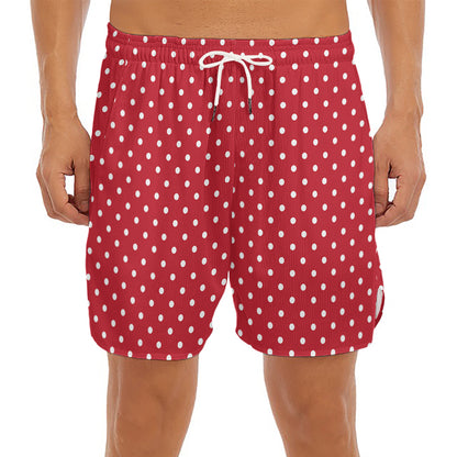 Red And White Christmas Dots Print Men's Split Running Shorts