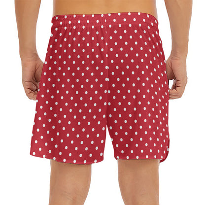 Red And White Christmas Dots Print Men's Split Running Shorts