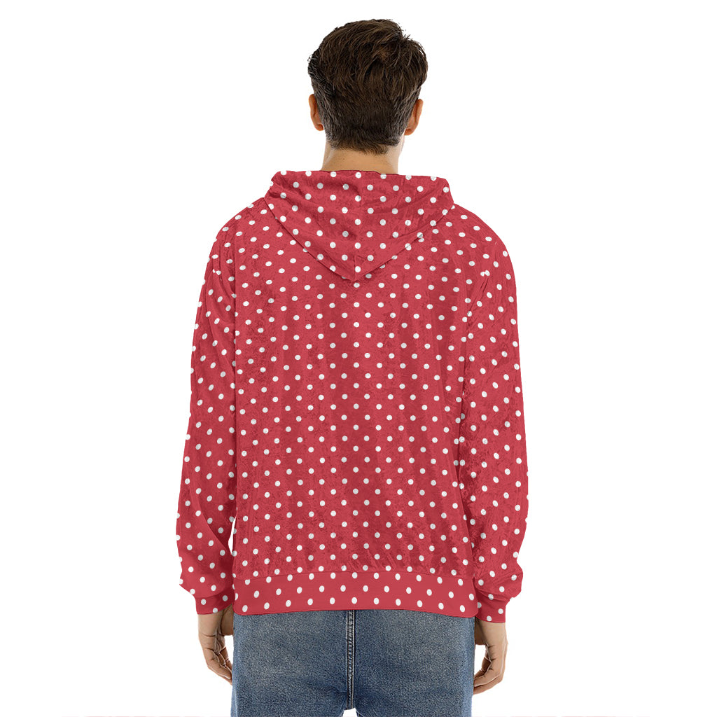 Red And White Christmas Dots Print Men's Velvet Pullover Hoodie