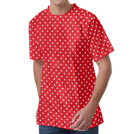 Red And White Christmas Dots Print Men's Velvet T-Shirt