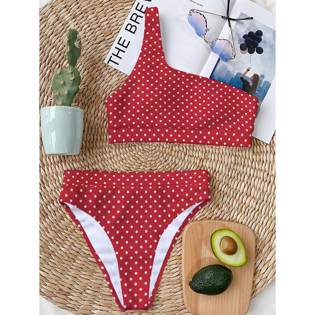 Red And White Christmas Dots Print One Shoulder Bikini Top
