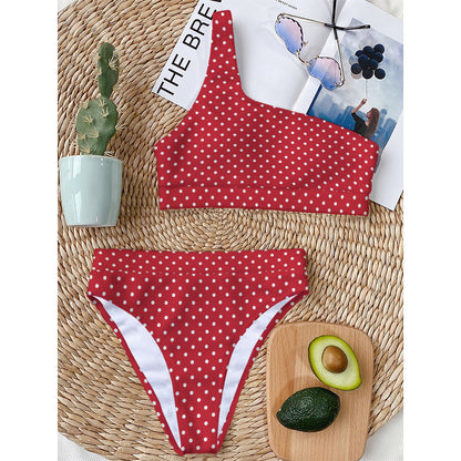 Red And White Christmas Dots Print One Shoulder Bikini Top