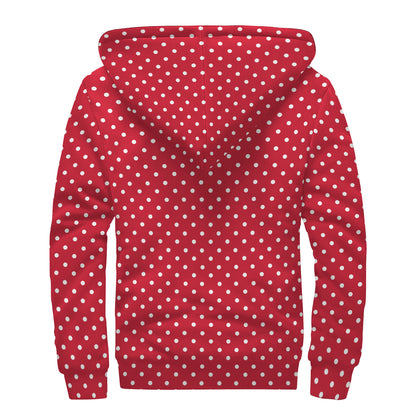 Red And White Christmas Dots Print Sherpa Lined Zip Up Hoodie