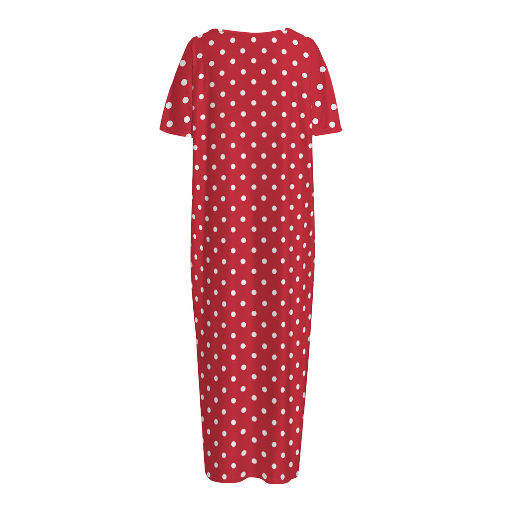 Red And White Christmas Dots Print Short Sleeve Long Nightdress