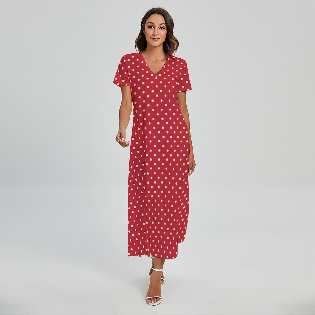 Red And White Christmas Dots Print Short Sleeve Maxi Dress