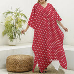 Red And White Christmas Dots Print Silk V-Neck Kaftan Dress