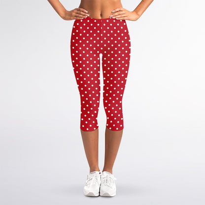 Red And White Christmas Dots Print Women's Capri Leggings