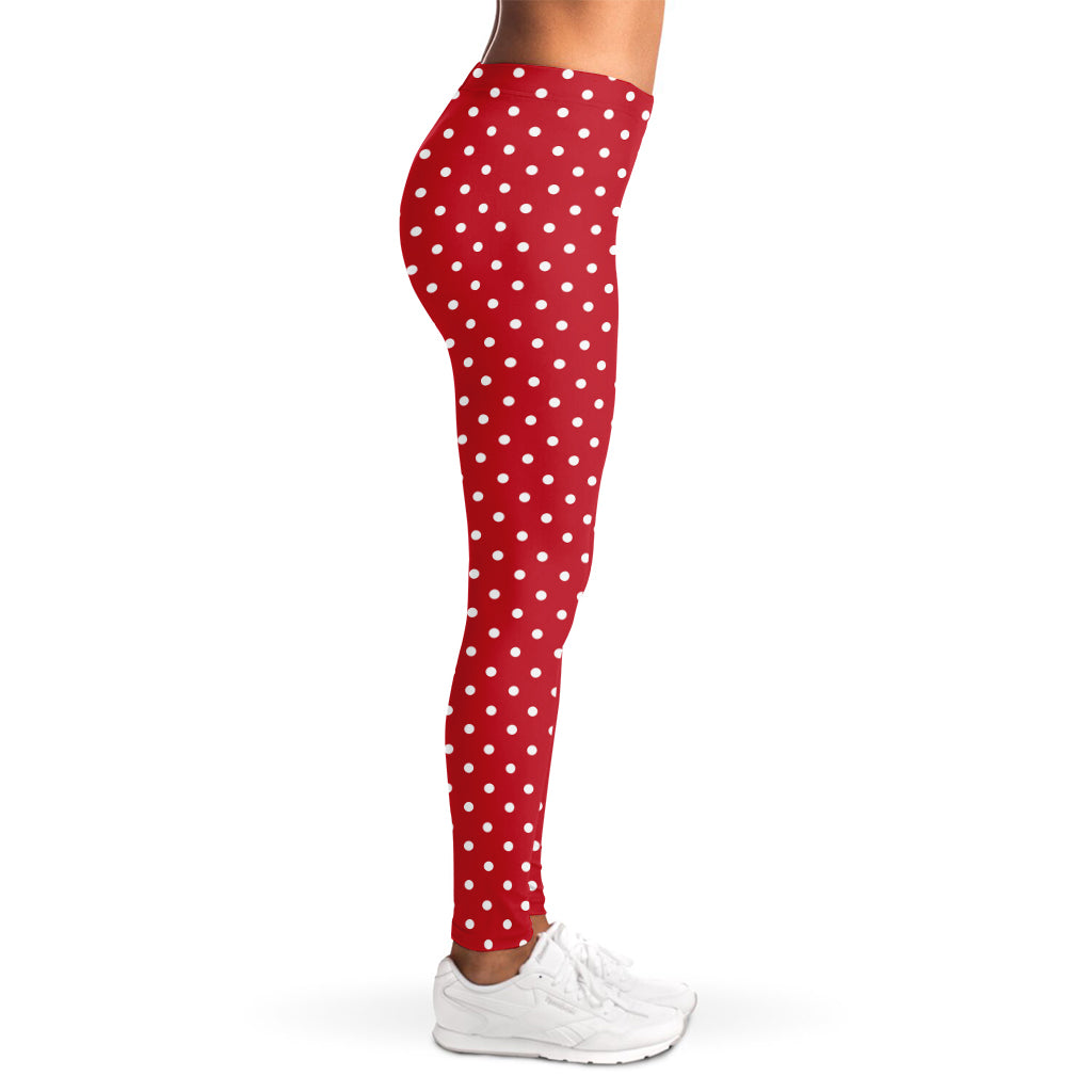 Red And White Christmas Dots Print Women's Leggings