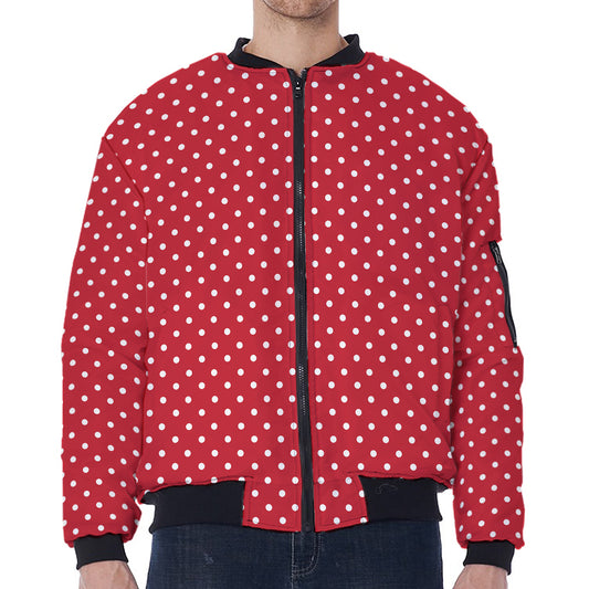 Red And White Christmas Dots Print Zip Sleeve Bomber Jacket