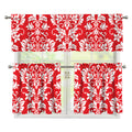 Red And White Damask Pattern Print 3 Piece Kitchen Curtains