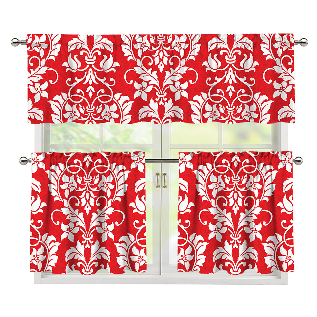 Red And White Damask Pattern Print 3 Piece Kitchen Curtains