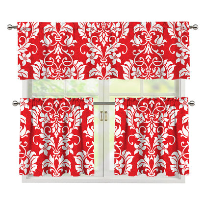 Red And White Damask Pattern Print 3 Piece Kitchen Curtains