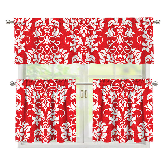 Red And White Damask Pattern Print 3 Piece Kitchen Curtains
