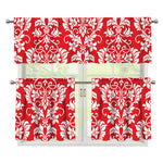 Red And White Damask Pattern Print 3 Piece Kitchen Curtains
