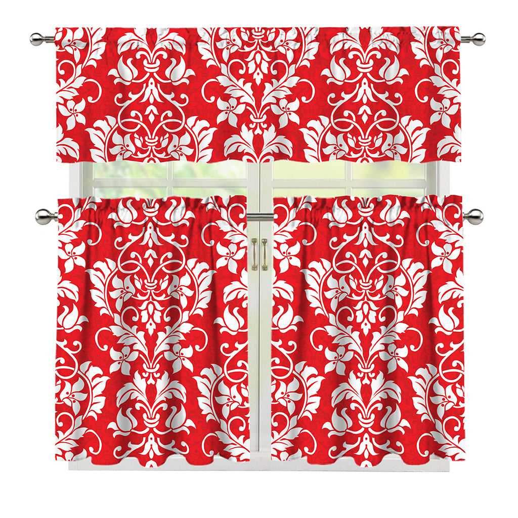 Red And White Damask Pattern Print 3 Piece Kitchen Curtains