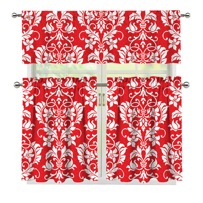 Red And White Damask Pattern Print 3 Piece Kitchen Curtains