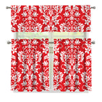Red And White Damask Pattern Print 3 Piece Kitchen Curtains