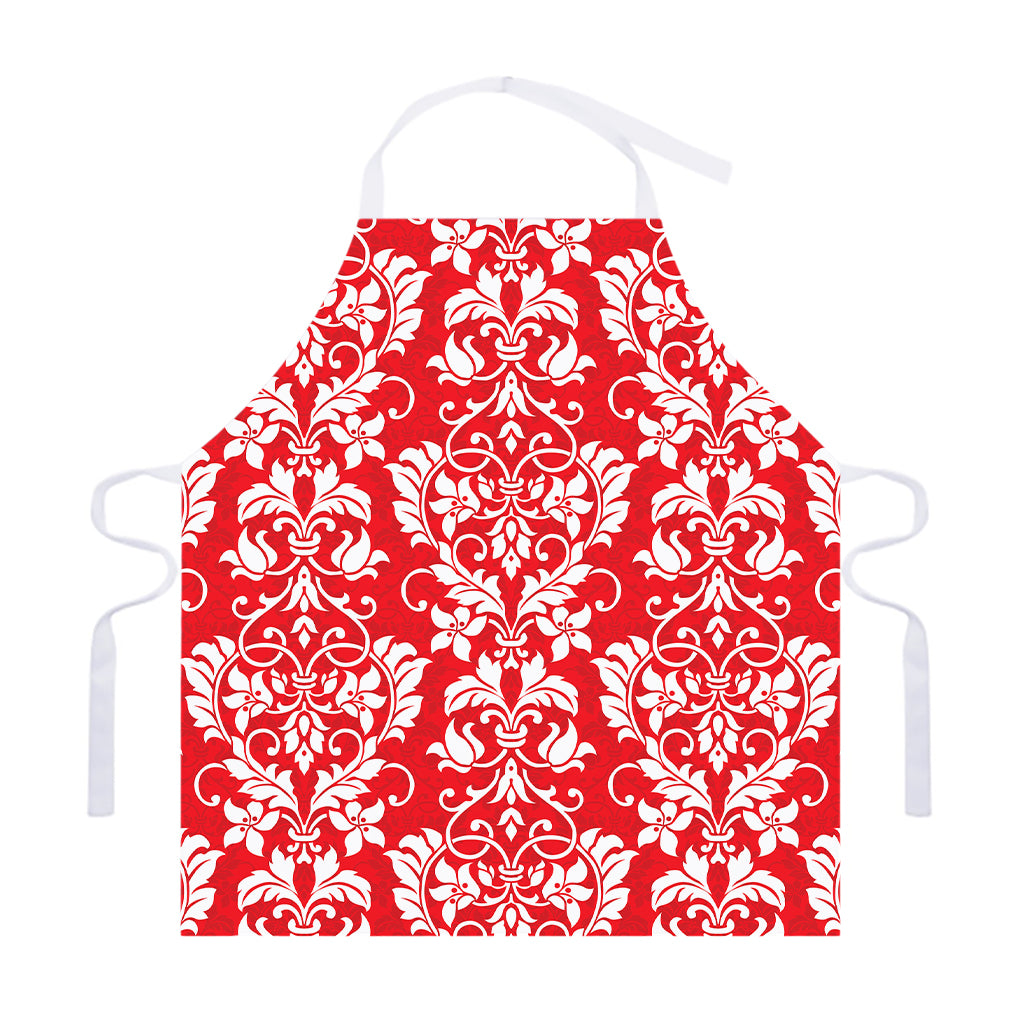 Red And White Damask Pattern Print Adjustable Apron