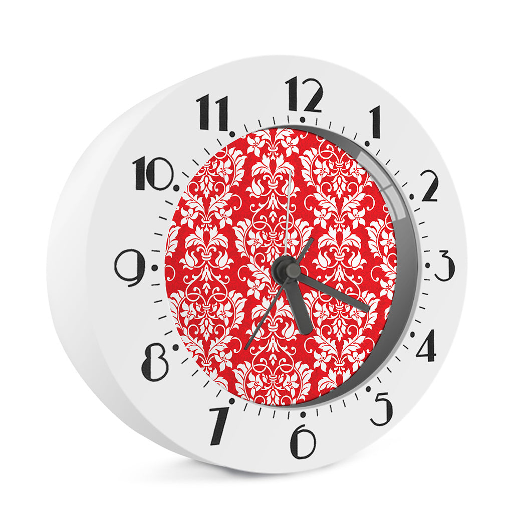 Red And White Damask Pattern Print Alarm Clock