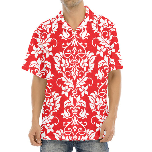 Red And White Damask Pattern Print Aloha Shirt
