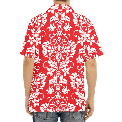 Red And White Damask Pattern Print Aloha Shirt