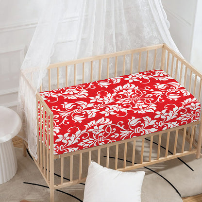 Red And White Damask Pattern Print Baby Crib Sheet