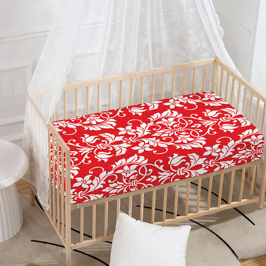 Red And White Damask Pattern Print Baby Crib Sheet