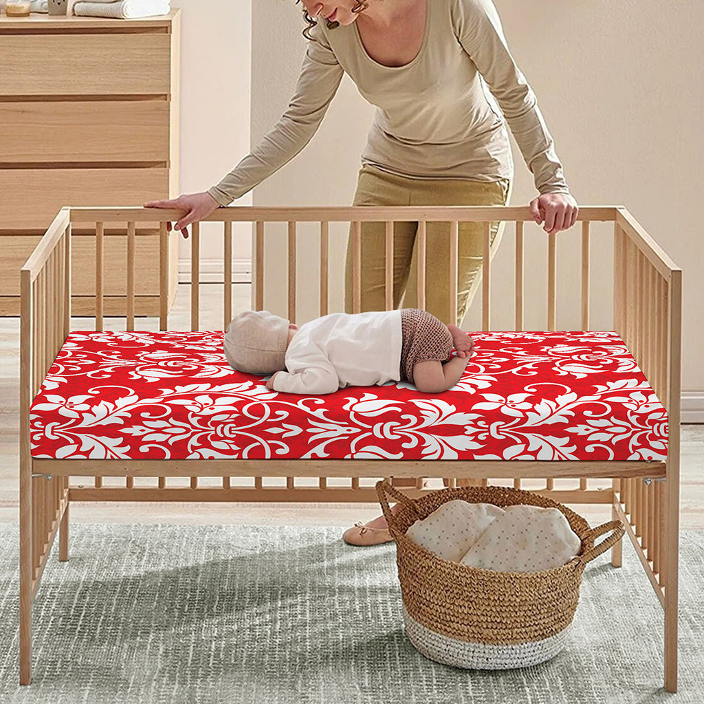 Red And White Damask Pattern Print Baby Crib Sheet