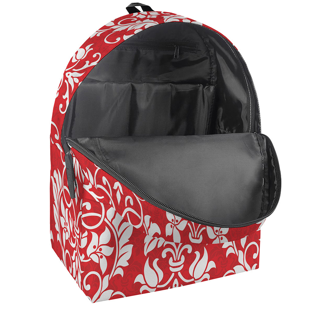 Red And White Damask Pattern Print Backpack